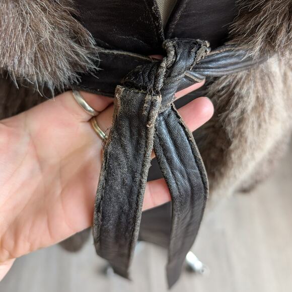 70s Vintage Black Brown Leather Penny Lane Coat Faux Fur Groovy Boho Moto Jacket - Picture 8 of 13